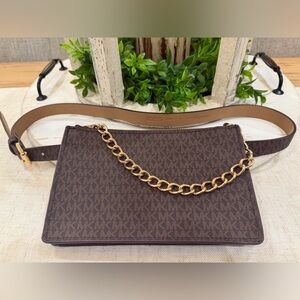 Michael Kors Dark Brown Monogram Belt Bag with Gold Pull Chain